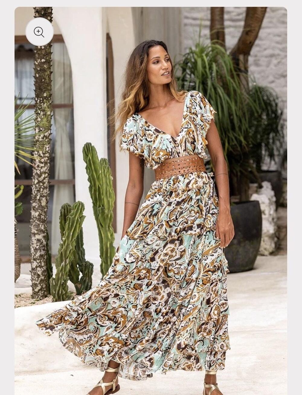Miss June Getty Dress Women's Size S Aqua Brown Paisley Maxi Boho Beach Resort